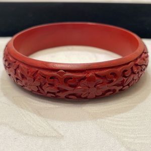 Vintage Asian Carved Flower Red Cinnabar Bracelet